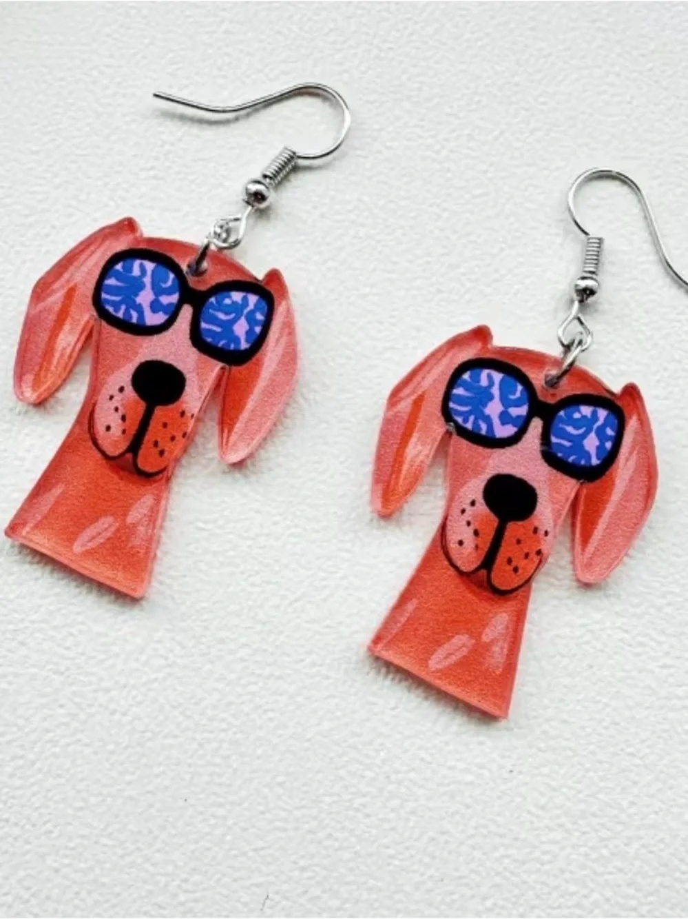 Cute Acrylic Dog Face Dangle Earrings - Pink and Multi Color Options- Summer